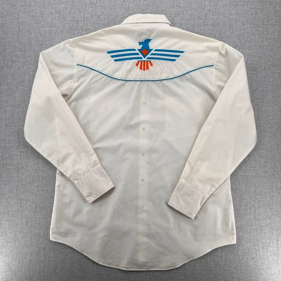 VTG 80s Ely Diamond Western Thunderbird Embroidered Pearl Snap Shirt Men L White - Picture 3 of 11